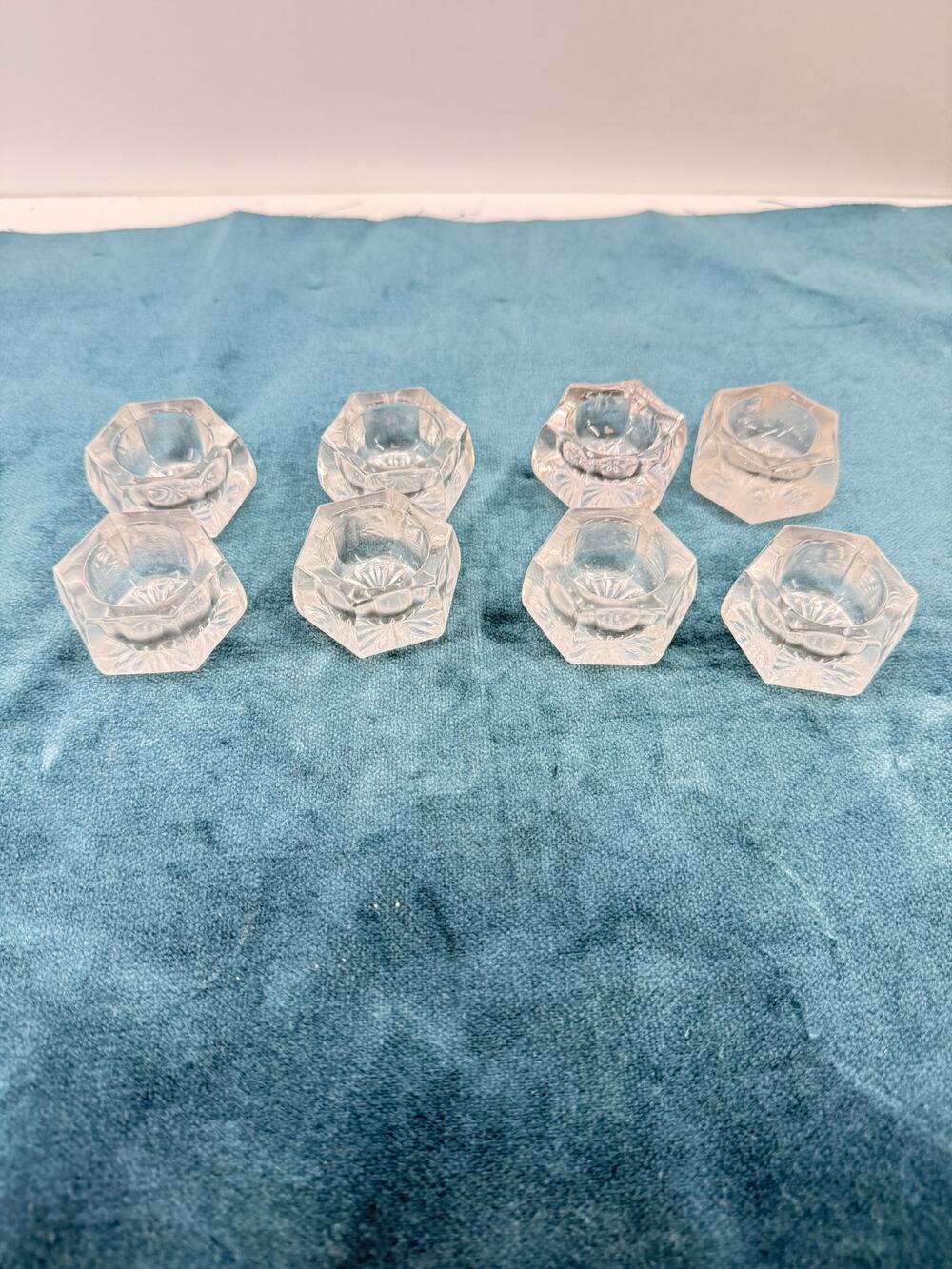 Vintage Crystal Open Salt Cellars Set of 8 Matching Hexagon Cut Glass 2 Inch